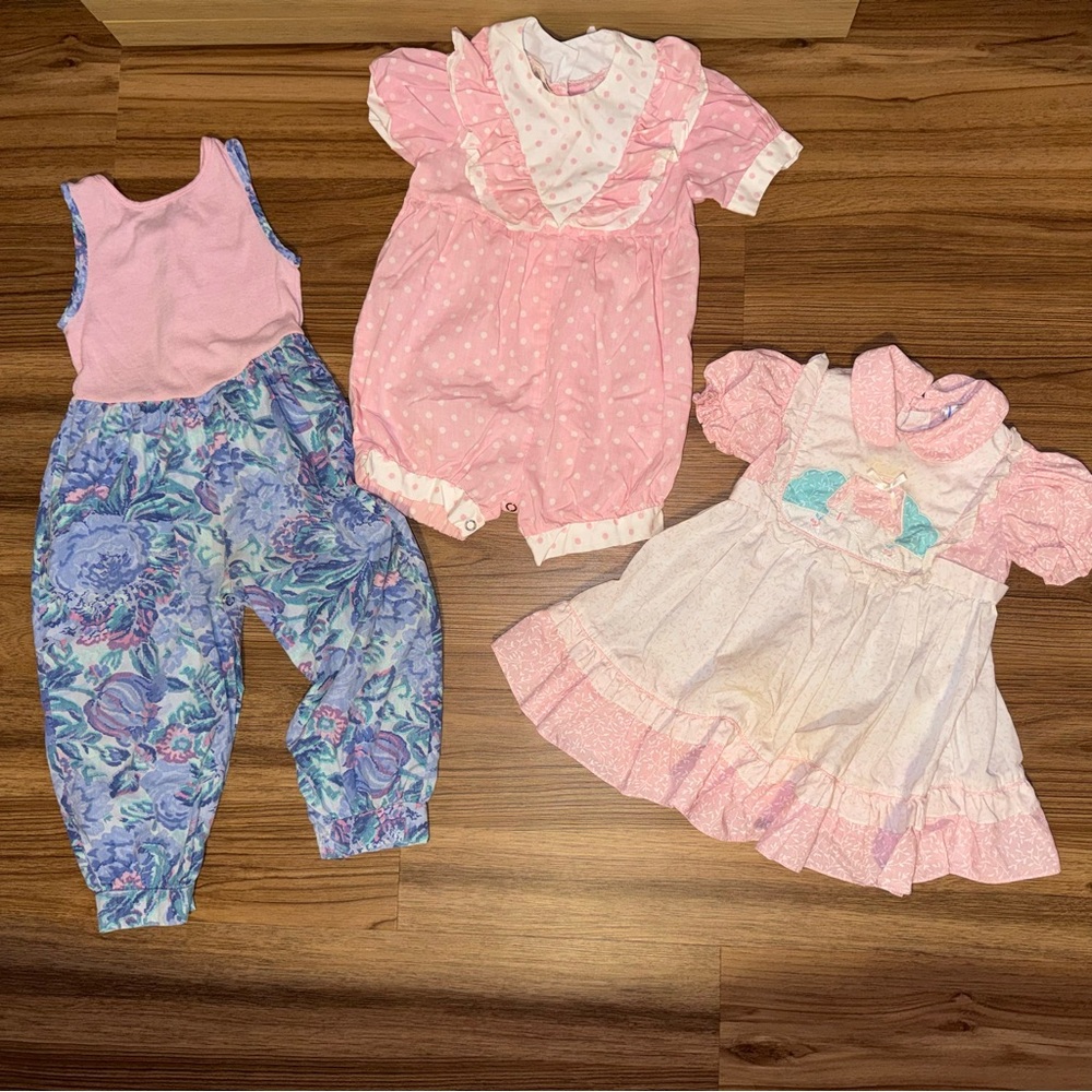 Vintage Lot of 3 Pink and Floral Baby Outfits 3T